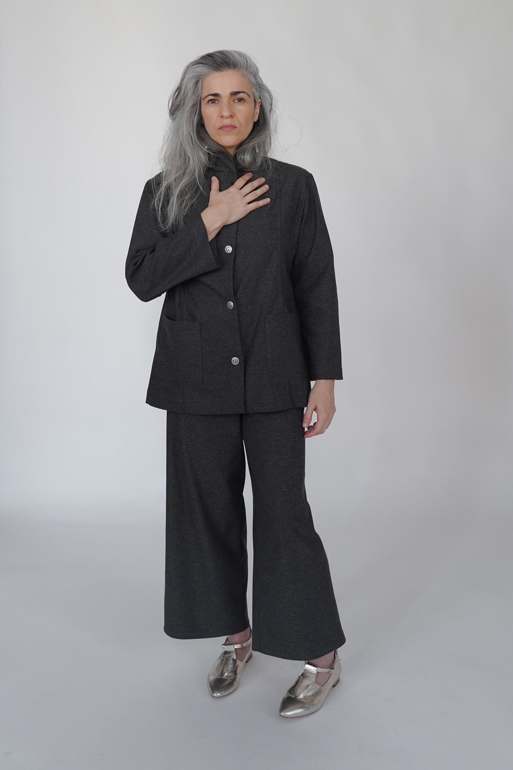 Elegant Wide Leg Wool Winter Pants, Gray Wide Leg Trousers, Back Zipper Pants, Women Loose Pants, Suit Pants and Blazer, Women Office Wear,