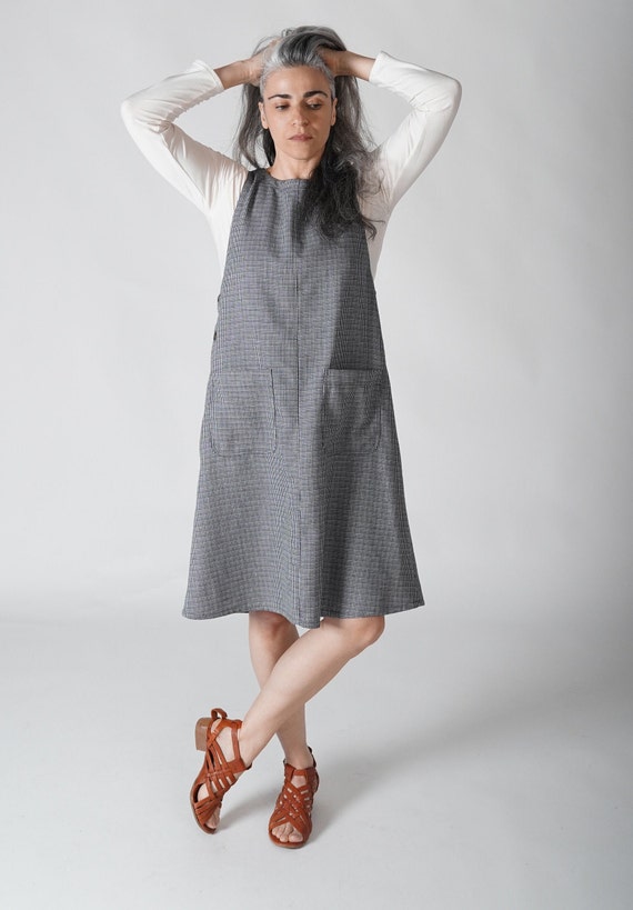 Apron Dress with Pockets, Blue and White Check Pinafore Dress, Cotton Wool Winter Dress, Oversize Apron Dress, Sleeveless LooseMidi Dress