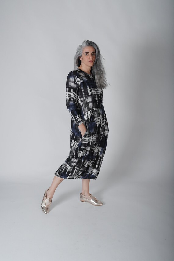 Long Sleeve Buttoned Up Dress with Pockets, Midi Blue Plaid Colorful Dress, Casual Comfy Dress, Women Trapeze Dress, All Seasons Dress