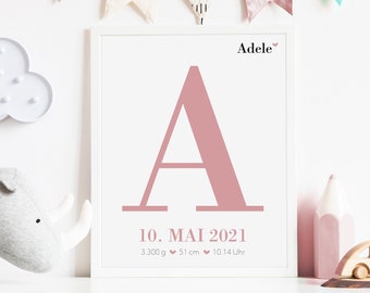 Birth Poster Girl | Gift for birth baptism | Name Poster | babies | letters posters | Nursery Picture | Personalized wall decoration