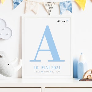 Geburtsposter Junge | Geschenk zur Geburt Taufe | Namensposter | Baby | Buchstaben Poster | Kinderzimmer Bild | Wanddeko personalisiert