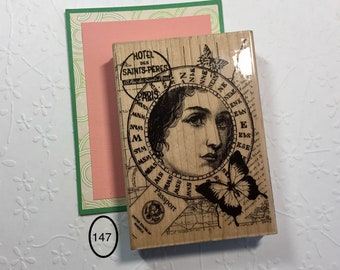 HAMPTON ART STAMPS. "Woman Collage. Passport". Jill Mayer design. Rubber Stamp.  5 x 3 1/2 inches. Wood mounted