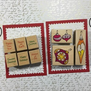 Juego de sellos de goma de HERO ARTS CHRISTMAS "Heritage Ornaments" y "Winter Wishes" montados en madera. Elija un juego
