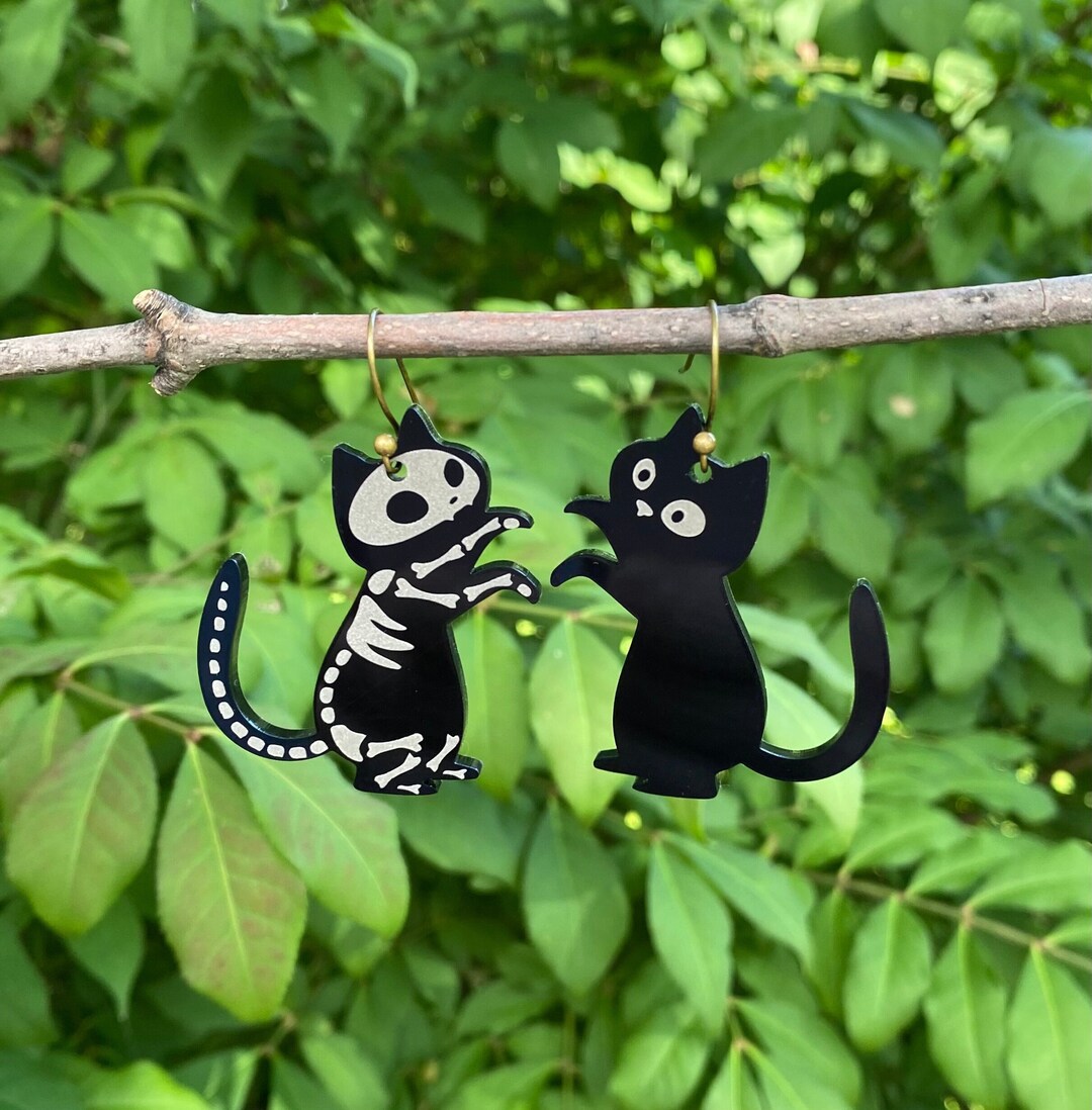 Halloween Cat Earrings, Cat Skeleton Earrings, Spooky Fall Jewelry