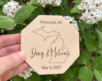 Personalized Leather Coaster: Custom State Wedding Favor