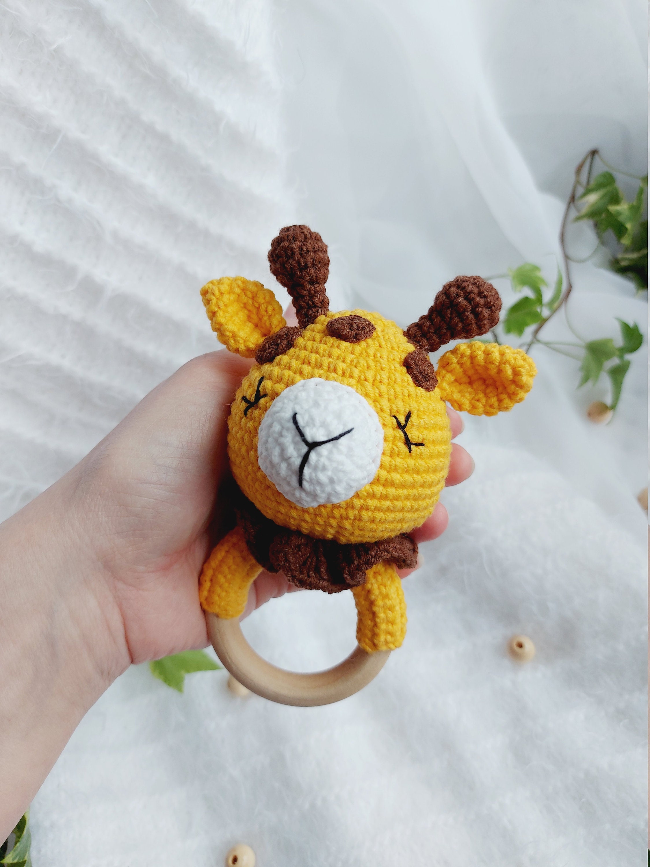 Giraffe rattle Baby Rattle Giraffe Wood ring rattle Knitted Etsy