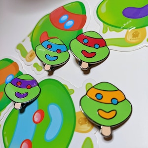 turtle/ enamel pin, ninja, nostalgic, 90s, neon green, glow in the dark, popsicle, fanart, stickers, holo
