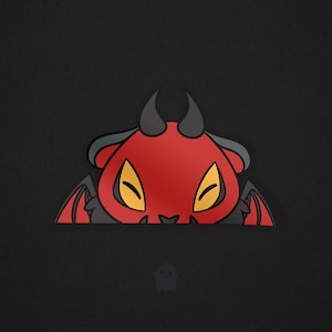 May include: A red cartoon devil with horns and wings peeking over a black background. The devil has yellow eyes and a mischievous expression.