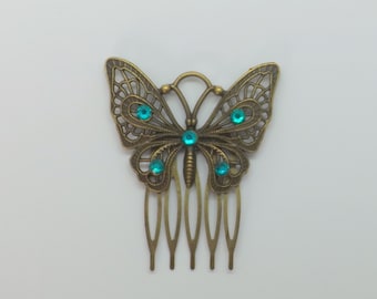 Antique Bronze Butterfly Hair Comb: Crystal Filigree Hair Accessory