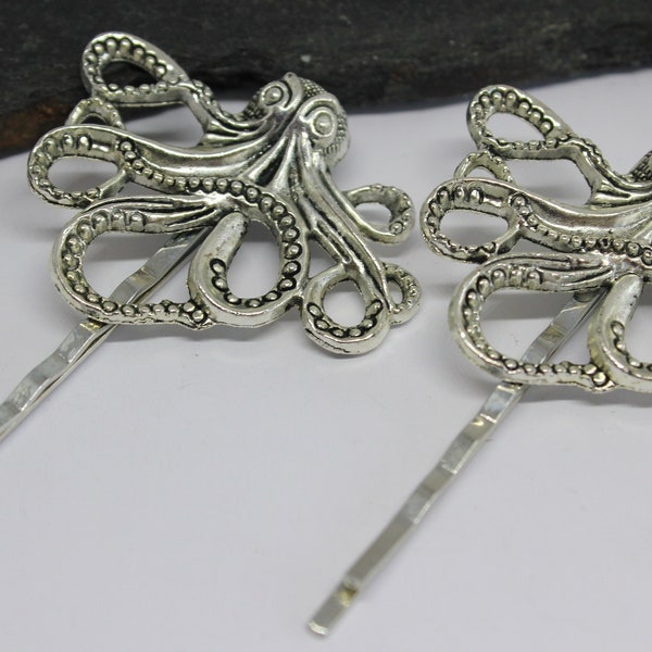 Octopus Hair Grips, Silver Octopus Bobby Pins, Set of Two Octopus Hair Grips, Octopus Bobby Pins Set of 2