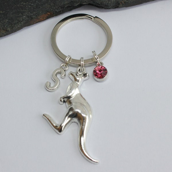 Kangaroo Personalised Keyring, Birthstone Initial Kangaroo Keyring, Kangaroo Keyring with Initial, Kangaroo Gift