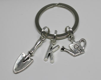 Personalized Gardener Keyring: Trowel, Watering Can, Initial Charm