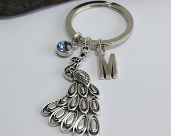 Peacock Personalised Initial Birthstone Keyring, Stainless Steel Keyring, Peacock Personalised Keyring, Peacock Keychain, Gift for Her