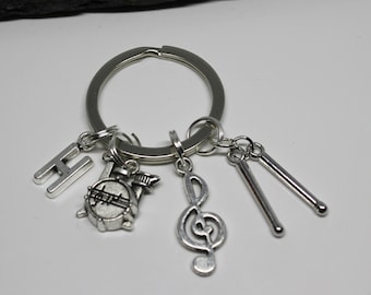 Drum Kit Keyring: Personalized Initial, Treble Clef, Birthstone Option