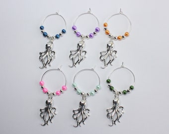 Set of 6 Puzzled Metal Octopus Wine Charms 