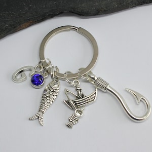 Angeln Schlüsselring, Angler Schlüsselring, Fischer Schlüsselring, Angelhaken Personalisiert Geburtsstein Schlüsselring, Geschenk für Ihn