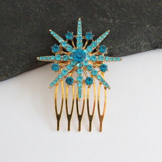 Blue Crystal Starburst Hair Comb: Gold Celestial Accessory  display picture 1