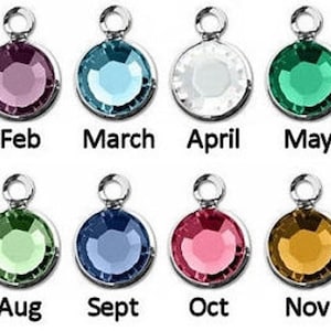 May include: Twelve round, silver charms with colored crystals, each representing a month of the year. January is red, February is purple, March is light blue, April is white, May is green, June is pink, July is dark red, August is light green, September is blue, October is pink, November is gold, and December is turquoise.