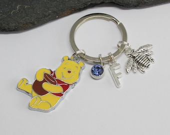 Winnie the Pooh Inspired Initial Keyring: Bee & Birthstone Charm
