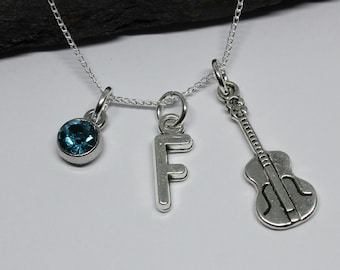 Silver Violin Personalised Initial Charm Necklace, Sterling Silver Necklace, Music Lover Gift, Silver Birthstone Violin Necklace