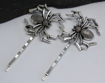 Gothic Spider Hair Grips, Silver Spider Bobby Pins, Set of Two Spider Hair Grips, Spider Bobby Pins Set of 2