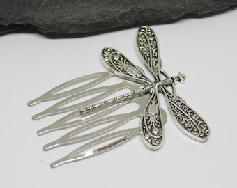 Silver Tones Dragonfly Hair Comb, Dragonfly Hair Piece, Filigree Dragonfly Hair Accessory, Silver Dragonfly Hair Accessory
