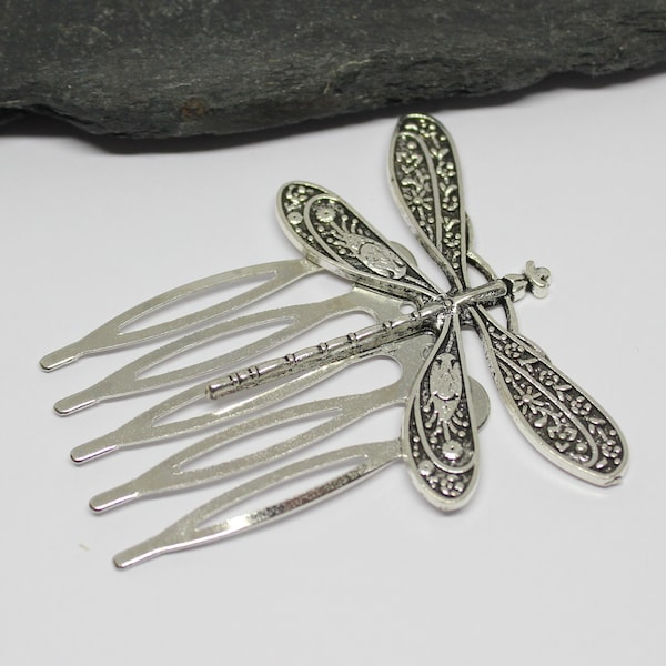 Silver Tones Dragonfly Hair Comb, Dragonfly Hair Piece, Filigree Dragonfly Hair Accessory, Silver Dragonfly Hair Accessory