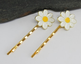 White Enamel Daisy Flower Hair Grips, White Flower Bobby Pins, Set of Two White Daisy Flower Hair Grips, Gold Tones Daisy Flower Bobby Pins