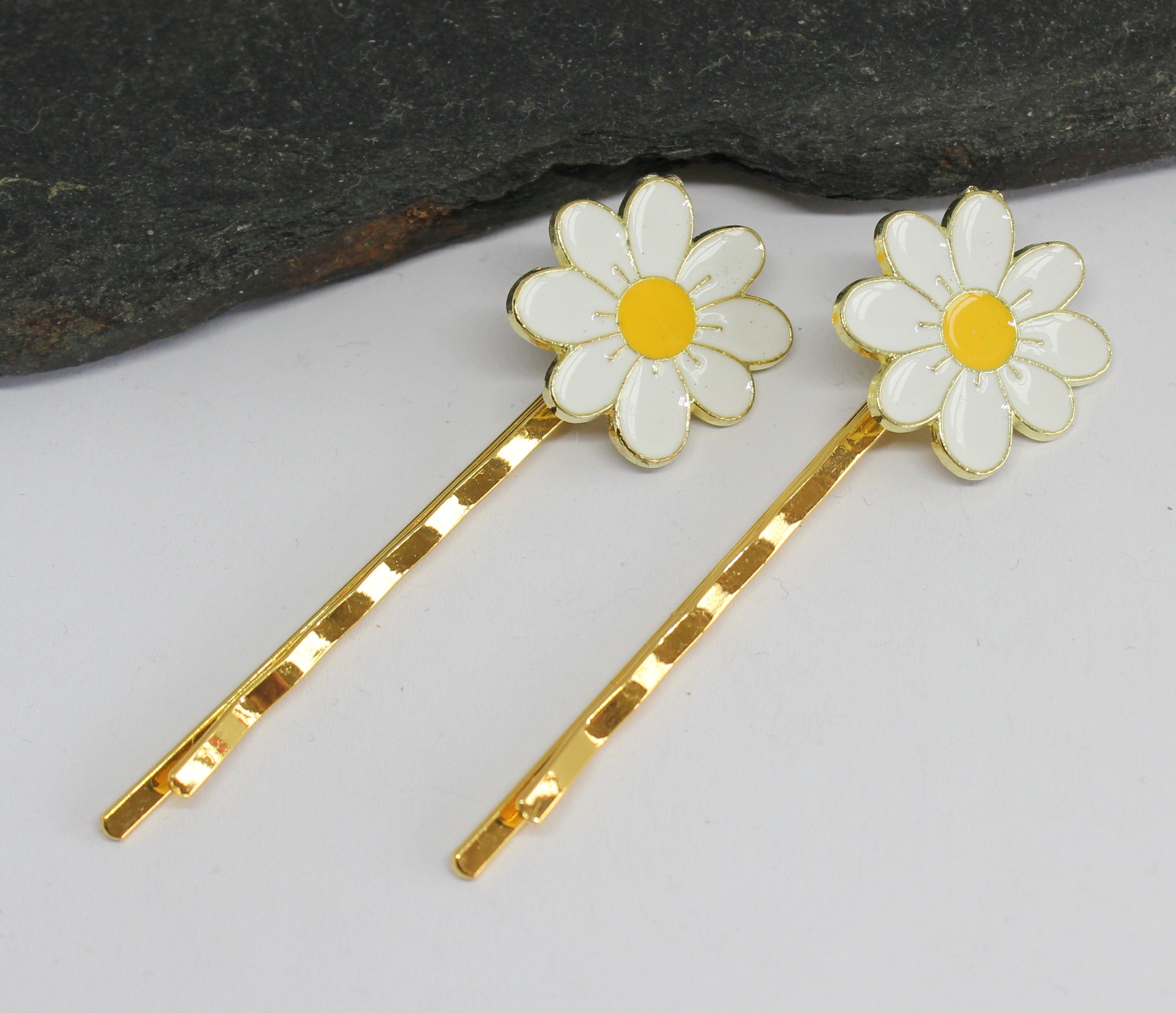 White Enamel Daisy Flower Hair Grips - Gold Tones, Set of 2 