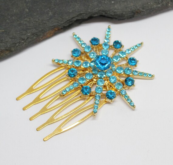 Gold-Tone Floral Crystal Hair Comb - Blue Vintage 1950s Gold Blue Rhinestone Flower Comb — Vintage  main image 4