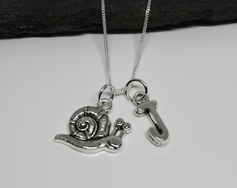 Silver Snail Charm Necklace, Sterling Silver Necklace, Personalised Snail Initial Necklace, Snail Pendant Necklace