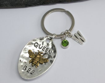 Personalized Queen Bee Keyring: Initial & Birthstone Charm