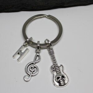 Skull Guitar Personalised Initial Birthstone Keyring, Guitarist Personalised Keyring, Treble Clef Keyring Skull Guitar Personalised Gift