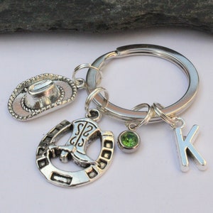 Personalised Cowboy Hat and Boot Keyring, Line Dancing Keyring with Initial and Birthstone, Cowboy Hat Keyring, Personalised Cowboy Gift