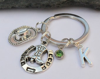 Personalized Cowboy Hat Keyring: Initial & Birthstone, Line Dancing Gift