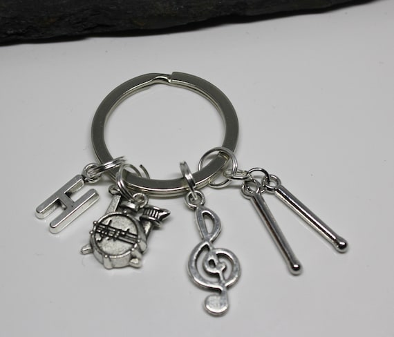 Drum Kit Keyring: Personalized Initial, Treble Clef, Birthstone Option