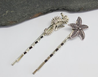 Seahorse Starfish Bobby Pins, Silver Sea Theme Hair Pins, Hair Clips, Hair Grips, Hair Accessories, Starfish Seahorse Hair Accessory