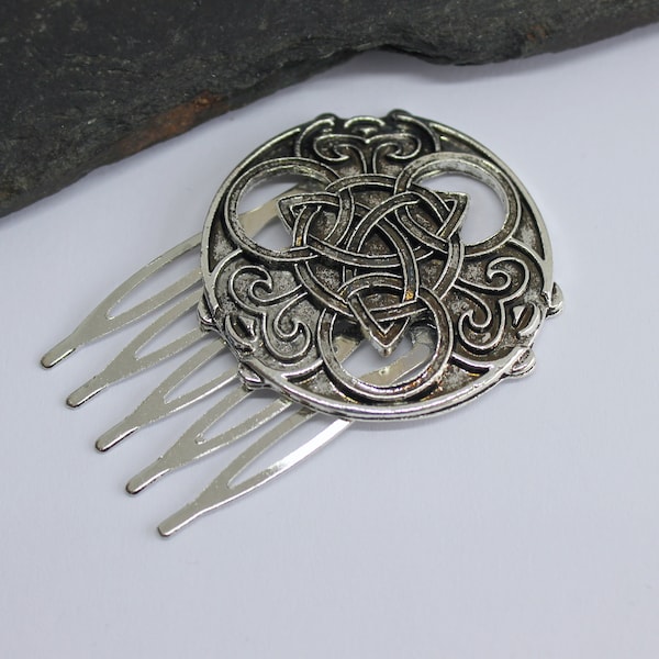 Silver Infinity Triquetra Celtic Knot Round Viking Hair Comb, Celtic Trinity Triquetra Hair Comb, Pagan Trinity Knot Decorative Hair Comb