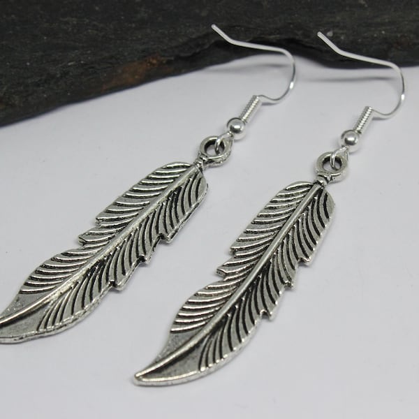 Feather Earrings, Silver Feather Earrings, Sterling Silver Ear Hooks, Sterling Silver Feather Earrings, Gift for Her