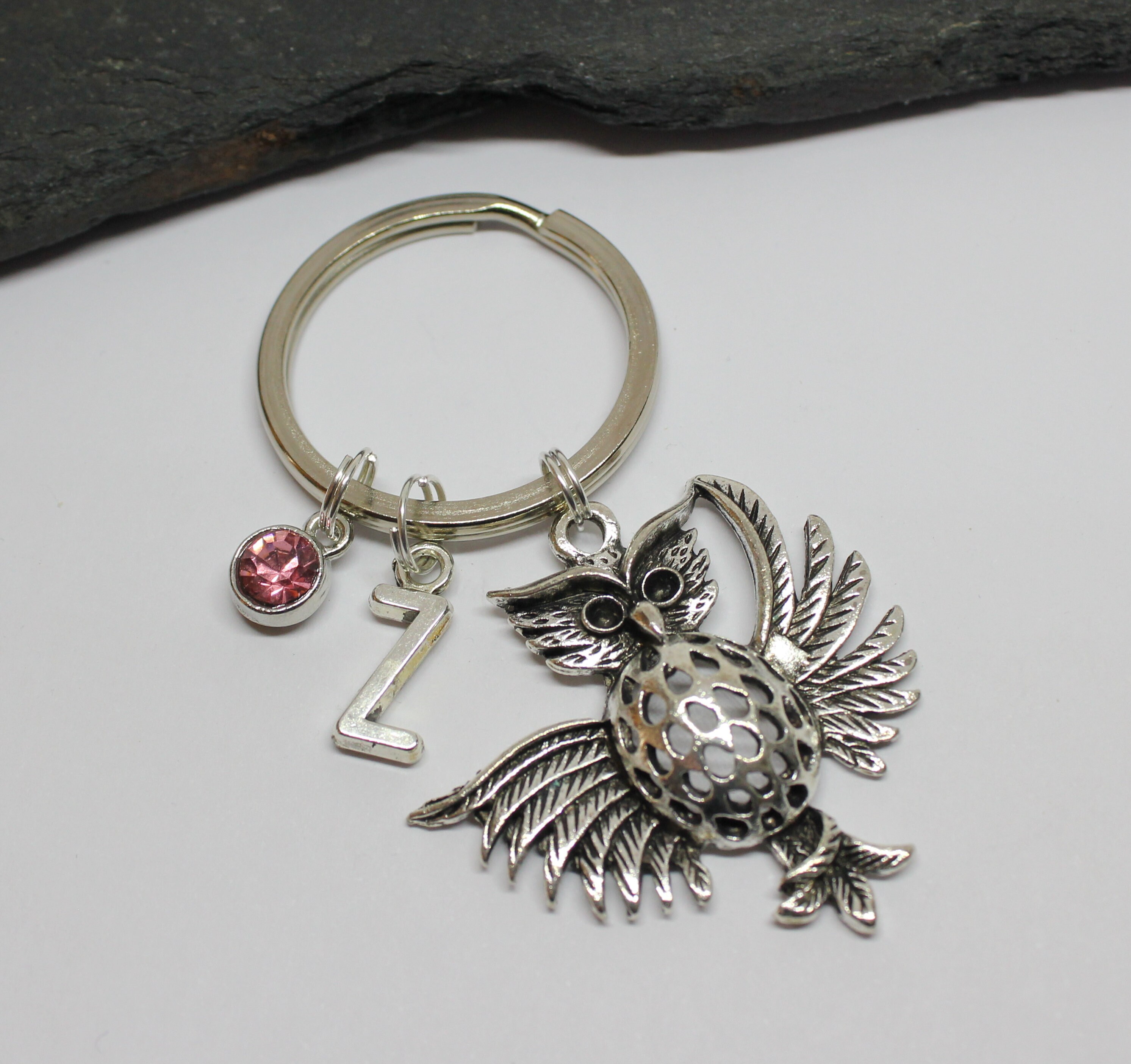 Flying Owl Keyring: Personalized Birthstone Initial Charm