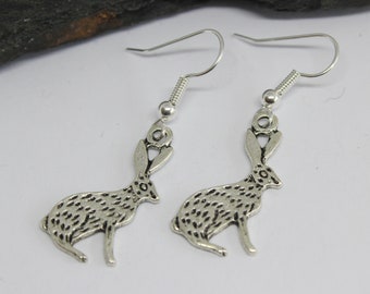 Silver Hare Earrings, Sterling Silver Ear Hooks, Sterling Silver Hare Earrings, Moon Gazing Hare Earrings