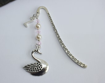 Swan Bookmark: Beaded Initial Charm, Book Lover Gift