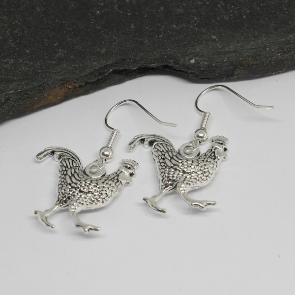 Silver Chicken Hen Earrings, Sterling Silver Ear Hooks, Silver Farmyard Animal Cockerel Earrings, Gift for Her