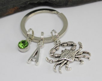 Crab Initial Keyring: Personalized Birthstone Keychain, Beach Theme