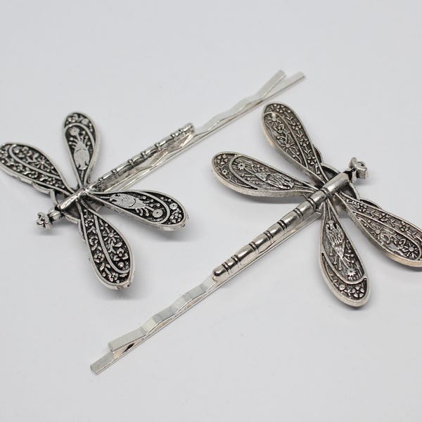 Dragonfly Bobby Pins: Silver Hair Grips, Set of 2