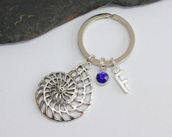 Personalized Shell Initial Birthstone Keyring: Stainless Steel Charm