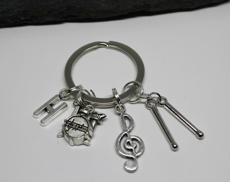 Drum Kit Keyring: Personalized Initial, Treble Clef, Birthstone Option image 2