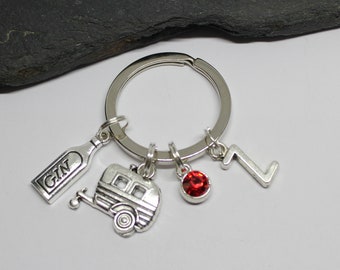 Caravan and Gin Bottle Keyring, Personalised Caravan Keyring, Intial and Birthstone Caravan and Gin Keyring, Personalised Gin Keyring