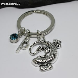 Lizard Gecko Personalised Initial Birthstone Keyring, Stainless Steel Keyring, Lizard Personalised Keyring, Gift for Her, Gift for Him