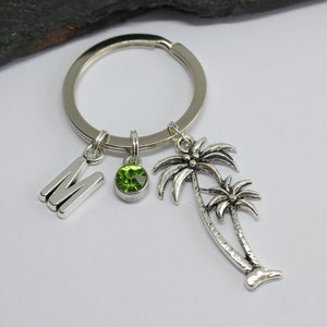 Palm Trees Keyring, Palm Trees Personalised Initial Birthstone Keyring, Tropical Palm Trees Keychain Gift